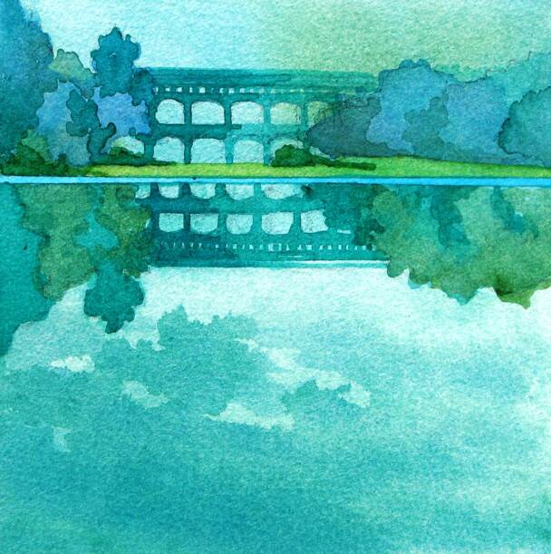 Pont du Gard, Provence, Watercolor, 7" X 7"